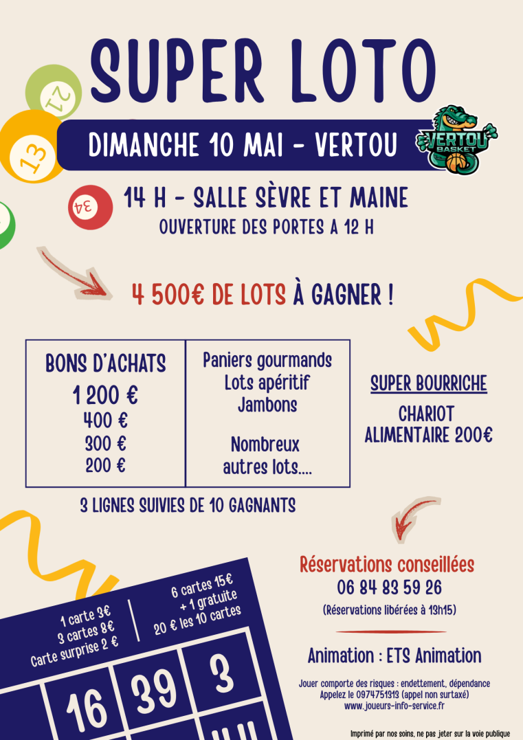 Retour du Grand Loto du Vertou Basket le DIMANCHE 10 MAI 2026
